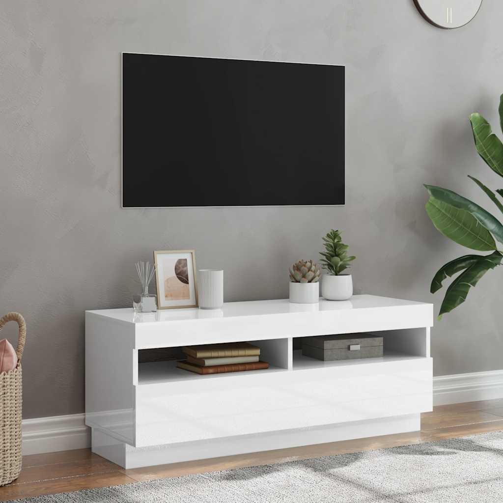 vidaXL Szafka TV z owietleniem LED, biel z poyskiem, 100x35x40 cm