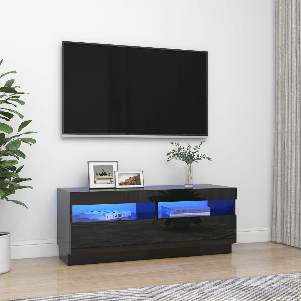 vidaXL Comodă TV cu lumini LED, negru extralucios, 100x35x40 cm