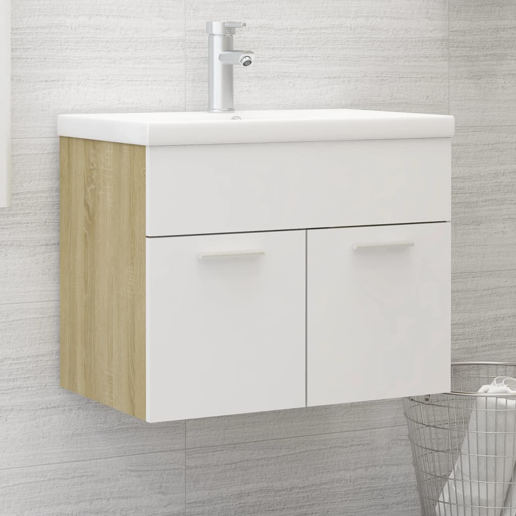 Mobile Sottolavabo，Armadietto da Bagno Sotto Lavello，Credenza Sottolavabo  Bianco e Rovere 60x38,5x46 cm in Truciolato XZZ229039 MaisonChic