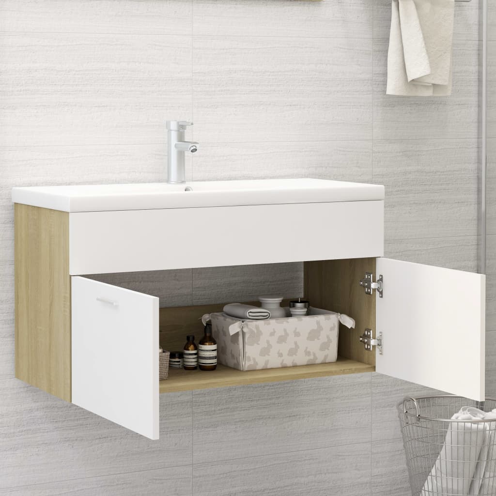 

vidaXL Wastafelkast 90x38,5x46 cm spaanplaat wit en sonoma eikenkleur