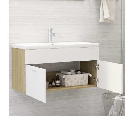 vidaXL Armoire d'&eacute;vier Blanc et ch&ecirc;ne sonoma Bois d&rsquo;ing&eacute;nierie