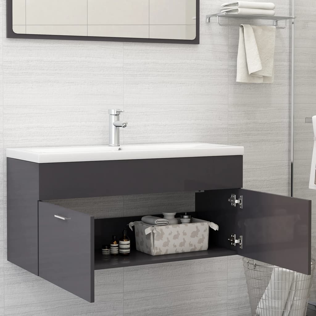 vidaXL Armario para lavabo contrachapada gris brillo 100x38,5x46 cm