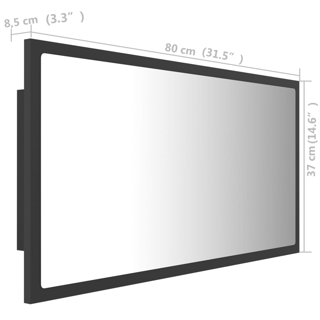 Oglindă de baie cu LED, gri, 80x8,5x37 cm, acril