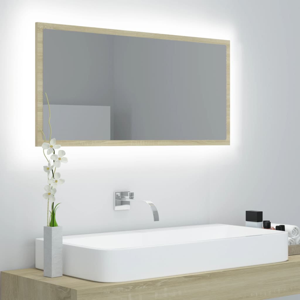 9: vidaXL badeværelsesspejl med LED-lys 90x8,5x37 cm akryl sonoma-eg