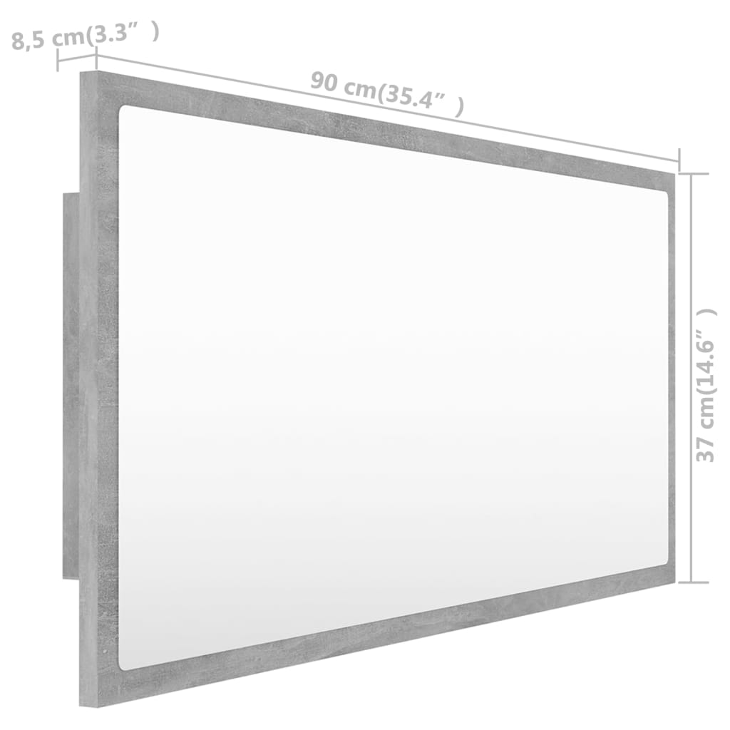 Oglindă de baie cu LED, gri beton, 90x8,5x37 cm, acril