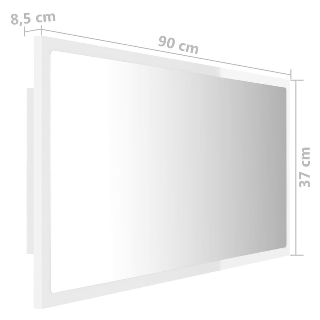 LED огледало за баня, бял гланц, 90x8,5x37 см, акрил