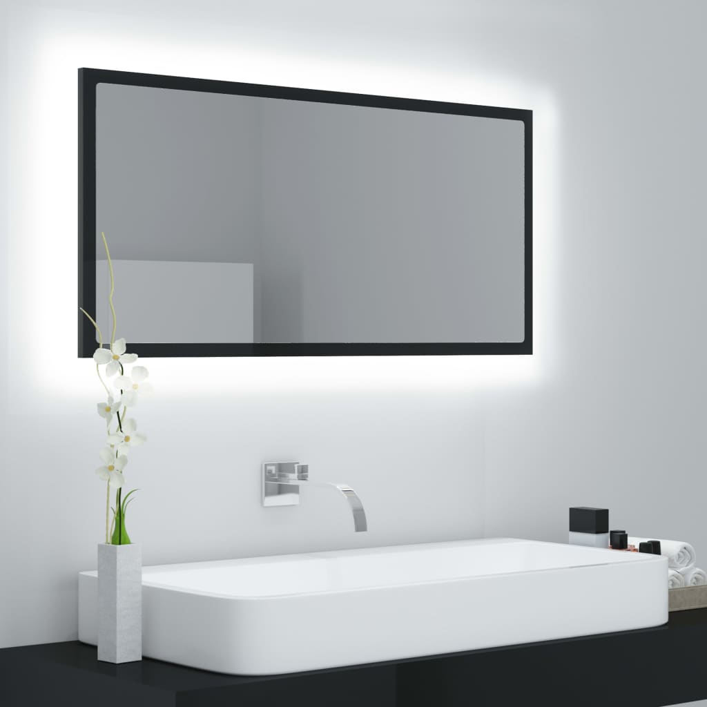 vidaXL badeværelsesspejl med LED-lys 90x8,5x37 cm akryl sort højglans