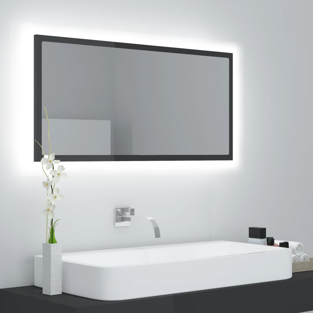 vidaXL Lustro azienkowe LED, wysoki poysk, szare, 90x8,5x37cm, akryl