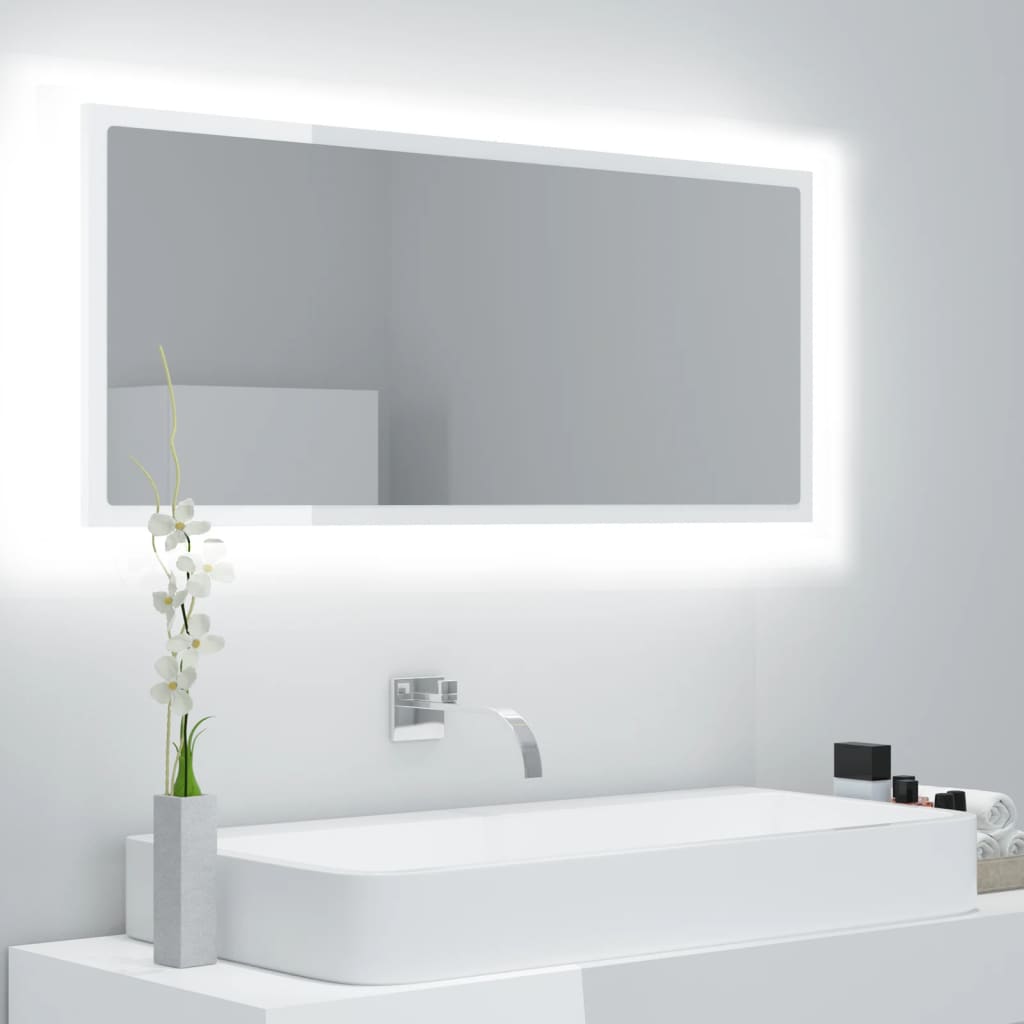 vidaXL badeværelsesspejl med LED-lys 100x8,5x37 cm akryl hvid højglans