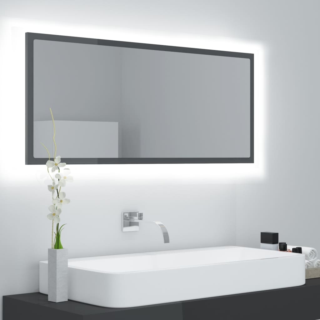 vidaXL badeværelsesspejl med LED-lys 100x8,5x37 cm akryl grå højglans