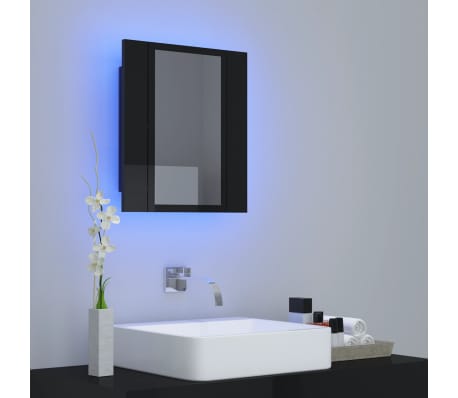 vidaXL Шкаф с LED огледало за баня, черен гланц, 40x12x45 см, акрил
