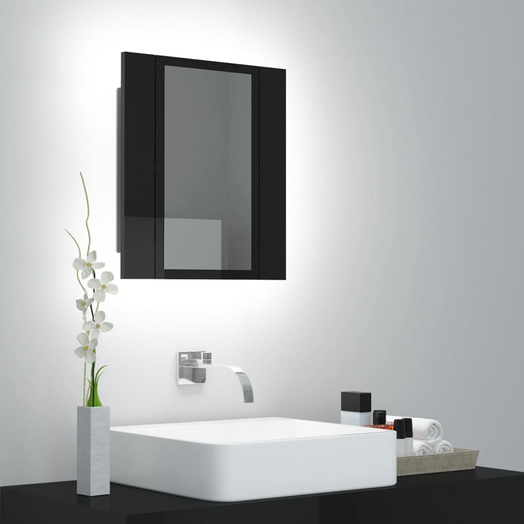 vidaXL badeværelsesskab m. spejl+LED-lys 40x12x45 akryl sort højglans