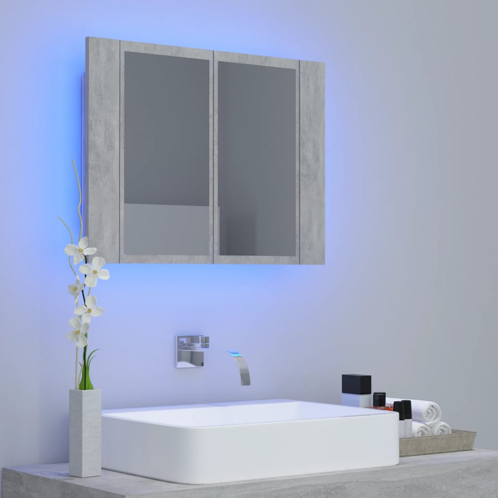 vidaXL betonszürke akril LED-es tükrös fürdőszobaszekrény 60x12x45 cm