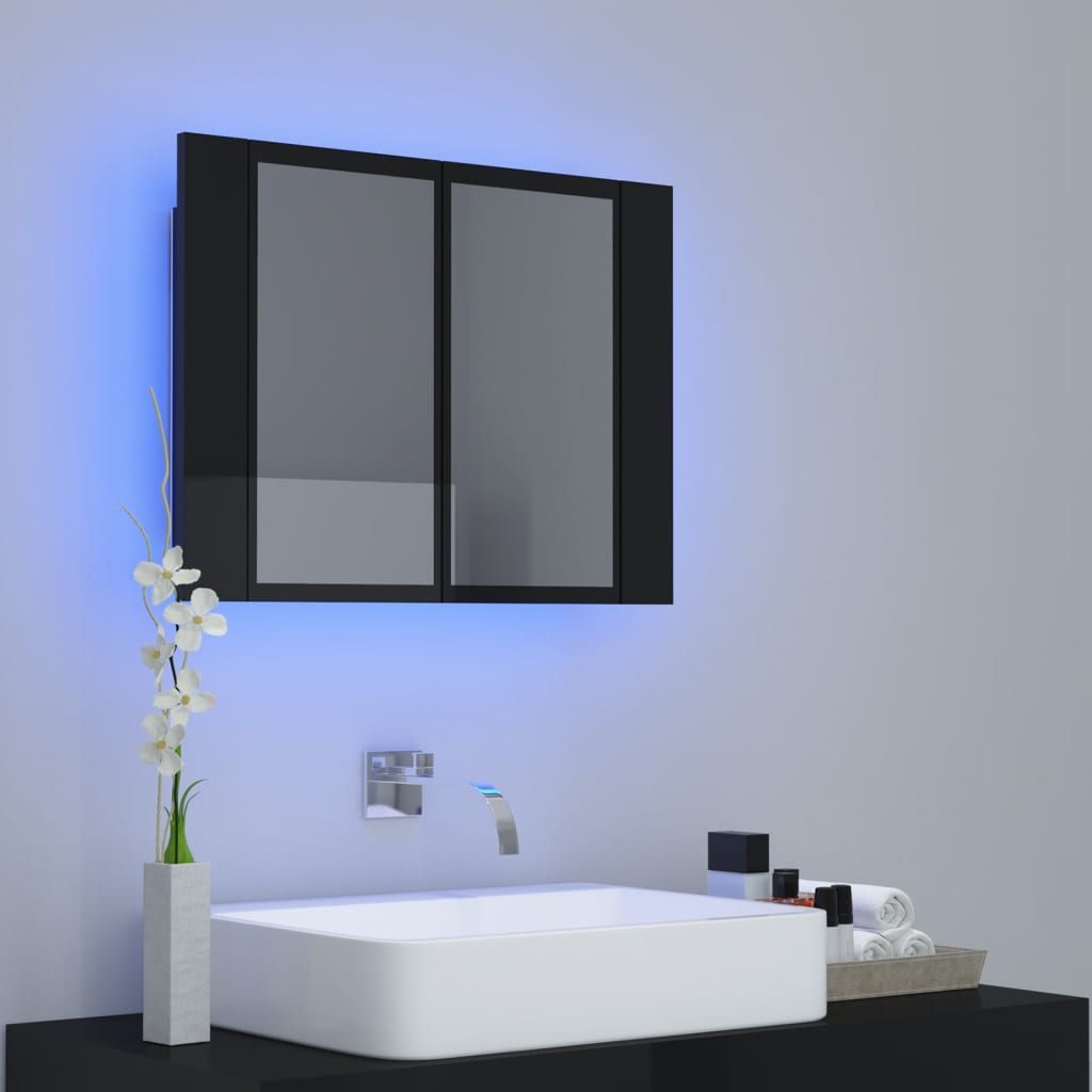 vidaXL badeværelsesskab m. spejl+LED-lys 60x12x45 akryl sort højglans