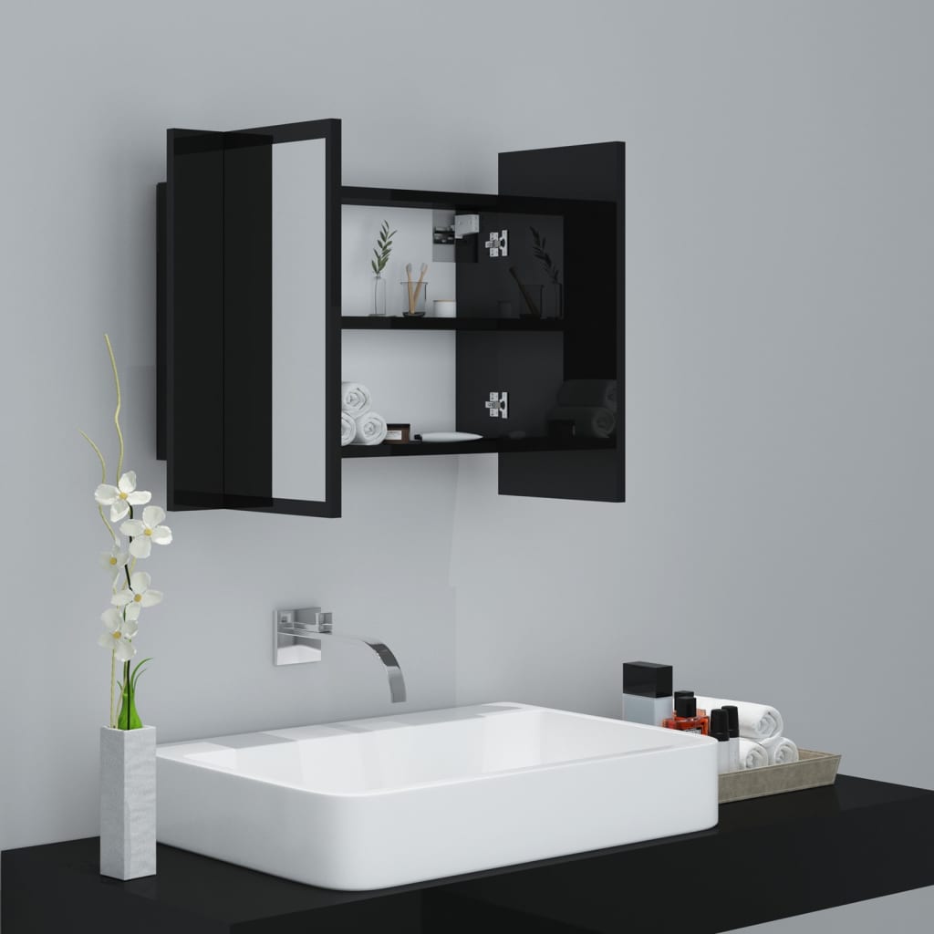  LED kúpeľňová zrkadlová skrinka vysokolesklá čierna 60x12x45 cm