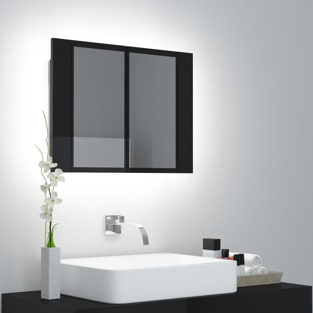 vidaXL badeværelsesskab m. spejl+LED-lys 60x12x45 akryl sort højglans