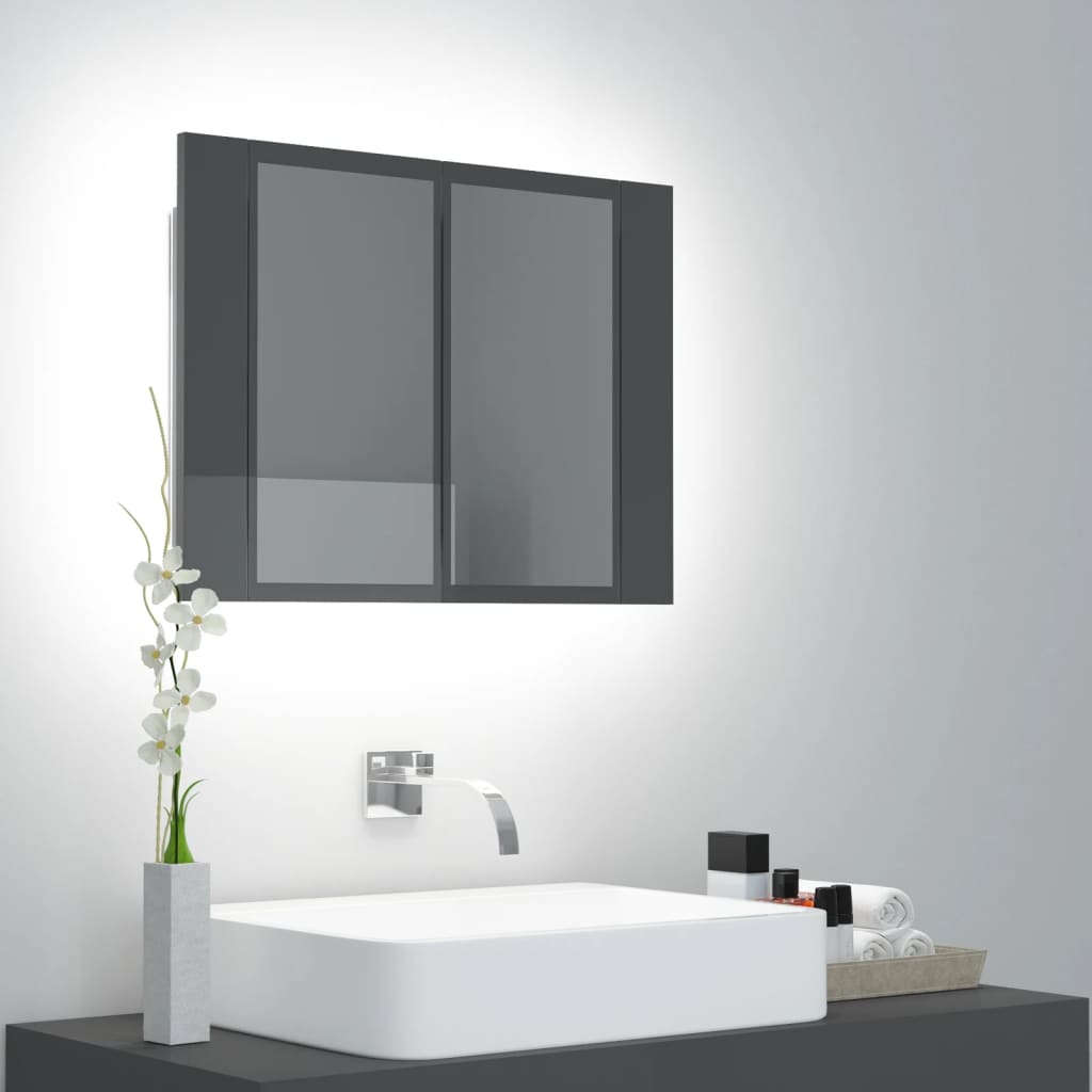 Poza vidaXL Dulap de baie cu oglinda/LED, gri extralucios, 60x12x45 cm, PAL