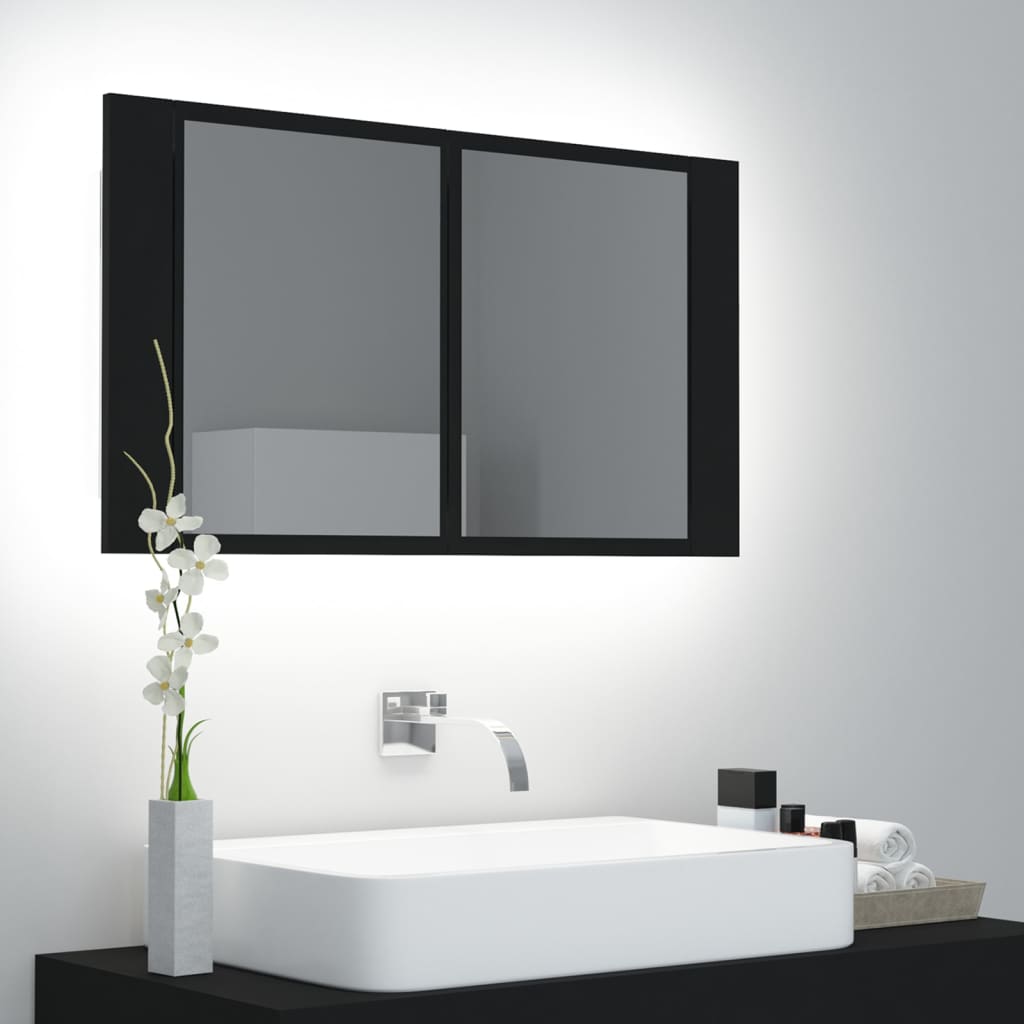 vidaXL badeværelsesskab m. spejl og LED-lys 80x12x45 cm akryl sort