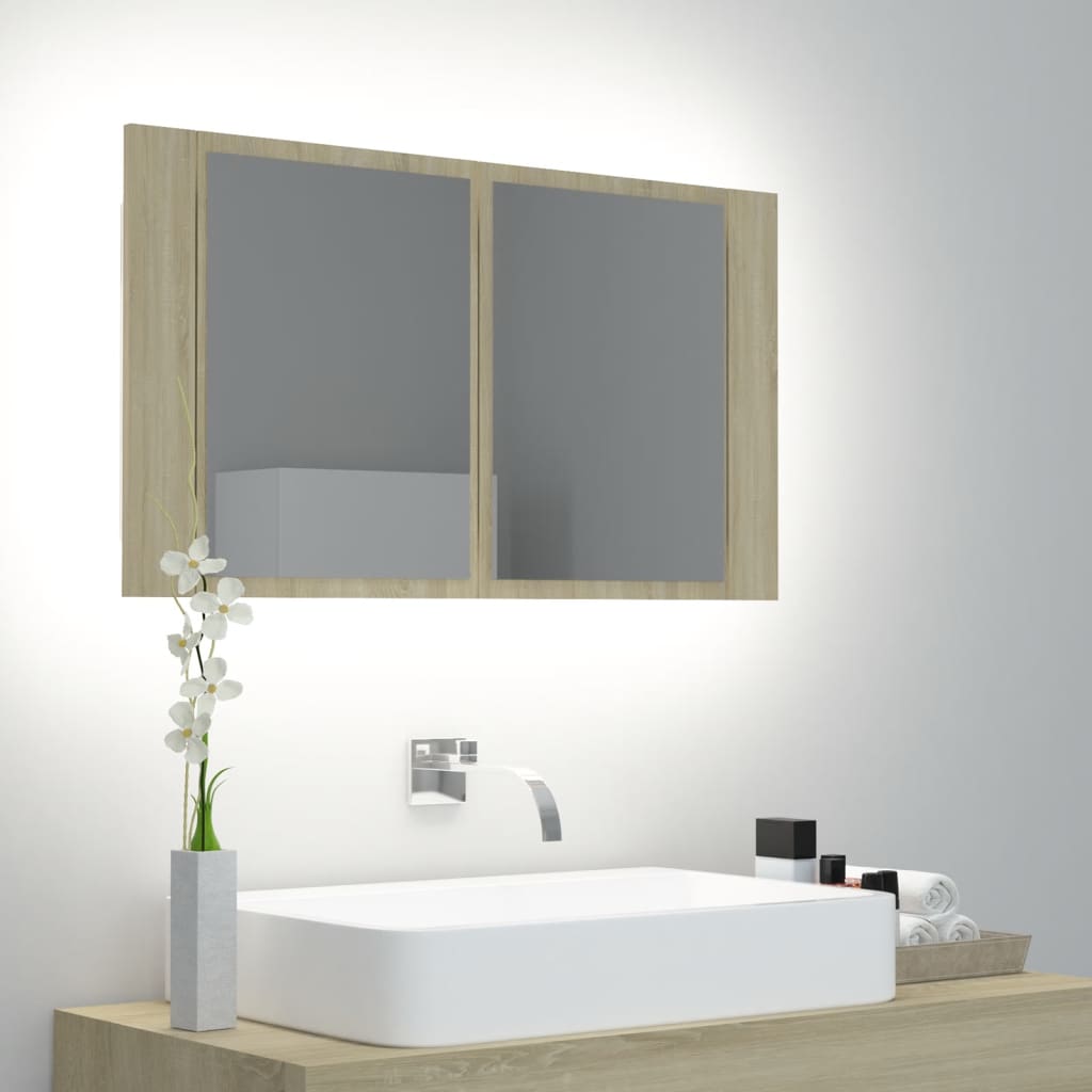 vidaXL Dulap de baie cu oglindă și LED, stejar Sonoma, 80x12x45 cm vidaXL