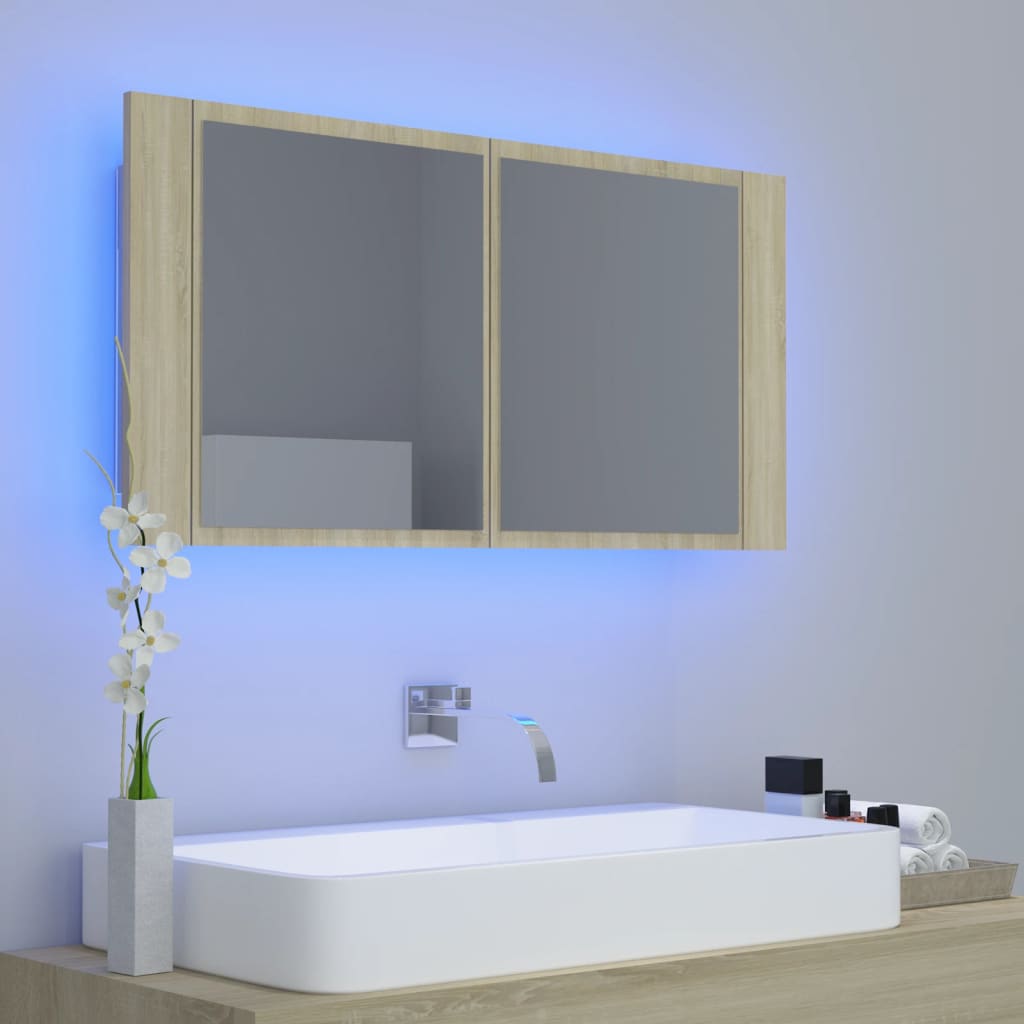 

vidaXL Badkamerkast met spiegel en LED 90x12x45 cm sonoma eikenkleurig