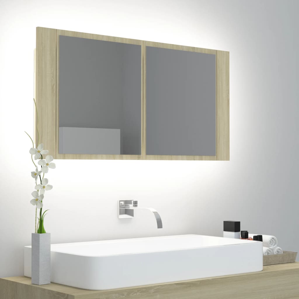 vidaXL Dulap de baie cu oglinda si LED, stejar Sonoma, 90x12x45 cm