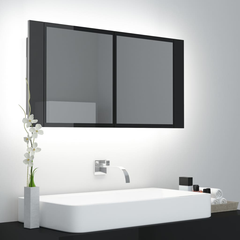 Poza vidaXL Dulap de baie cu oglinda si LED, negru extralucios, 90x12x45 cm