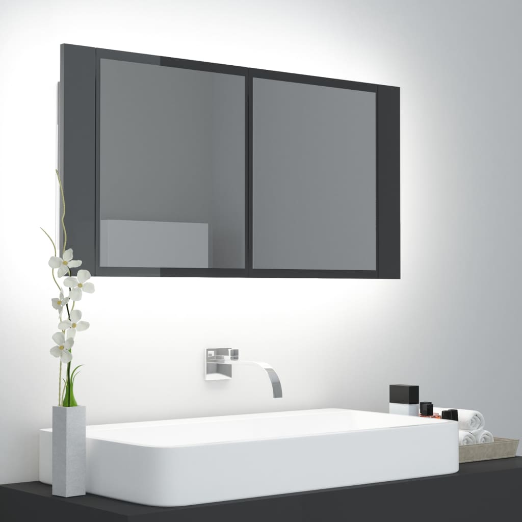 vidaXL badeværelsesskab m. spejl+LED-lys 90x12x45 akryl grå højglans