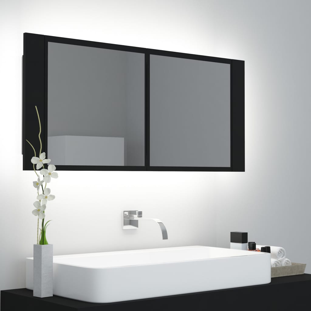 Armario espejo de baño con luz LED negro 100x12x45 cm