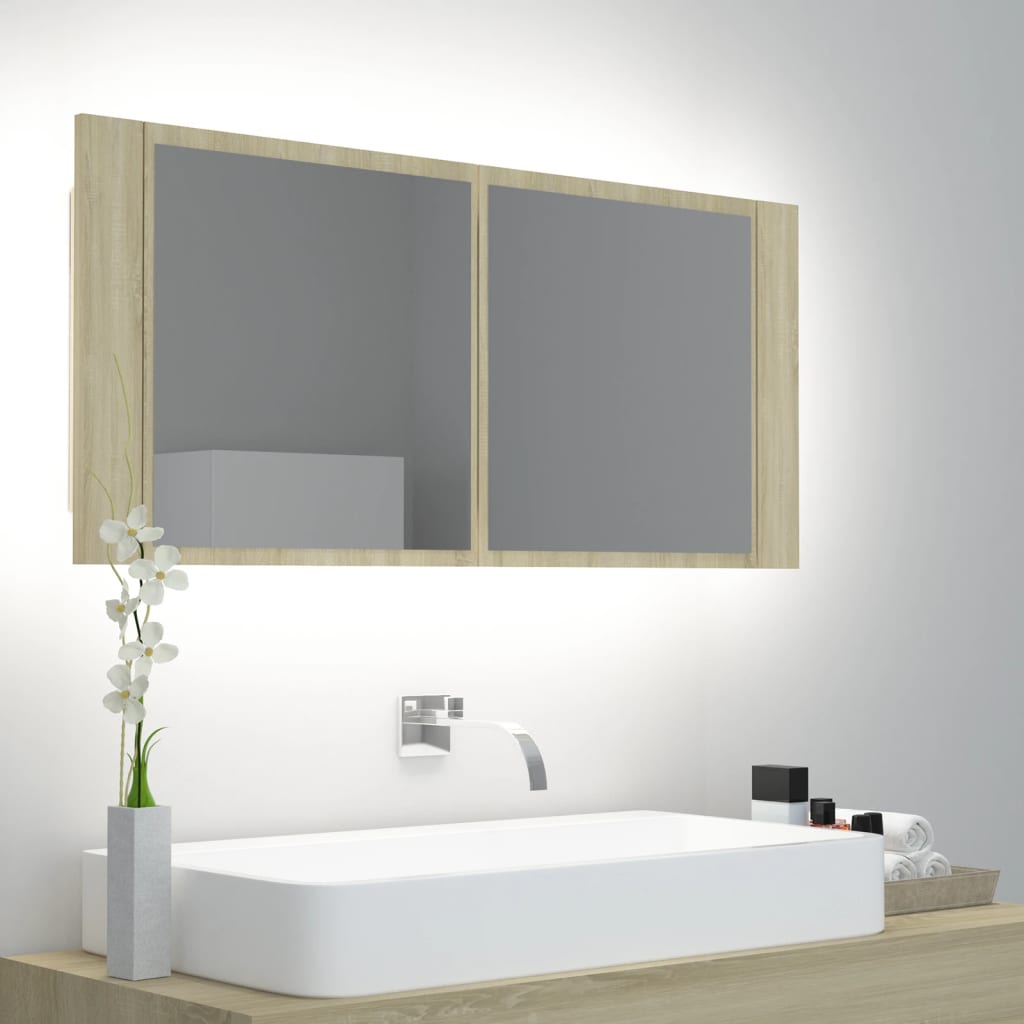 vidaXL Dulap de baie cu oglindă și LED, stejar Sonoma, 100x12x45 cm 100x12x45