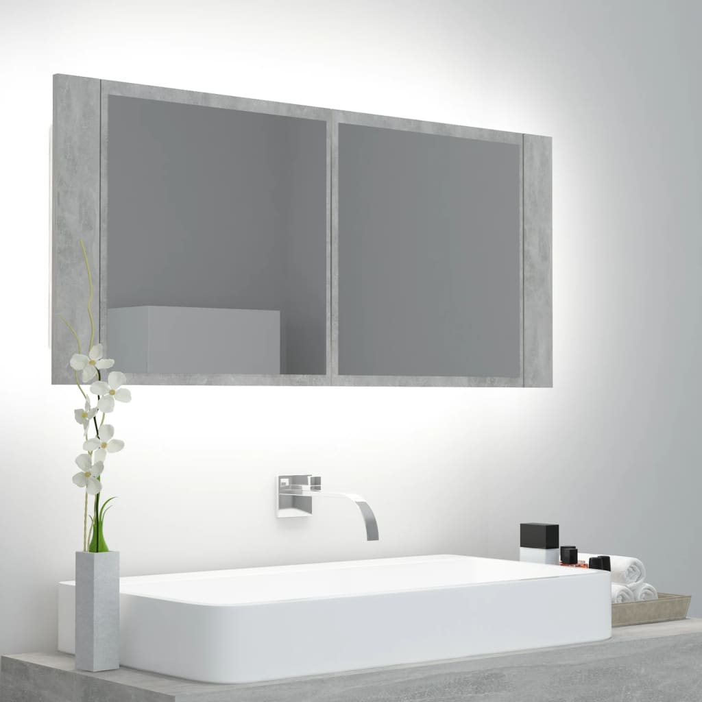 5: vidaXL badeværelsesskab m. spejl og LED-lys 100x12x45cm akryl betongrå