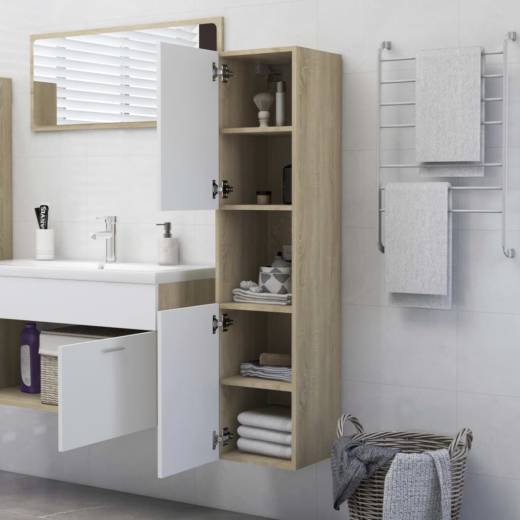 vidaXL Bathroom Cabinet White and Sonoma Oak 30x30x130 cm Engineered Wood