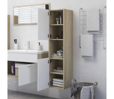 vidaXL Mobile Bagno Bianco Rovere Sonoma 30x30x130cm Legno Multistrato