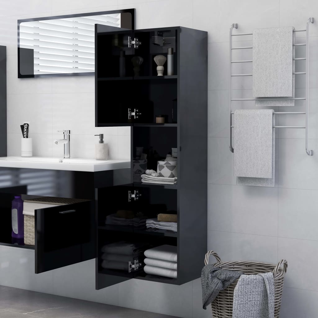 vidaXL Bathroom Cabinet High Gloss Black 30x30x130 cm Engineered Wood