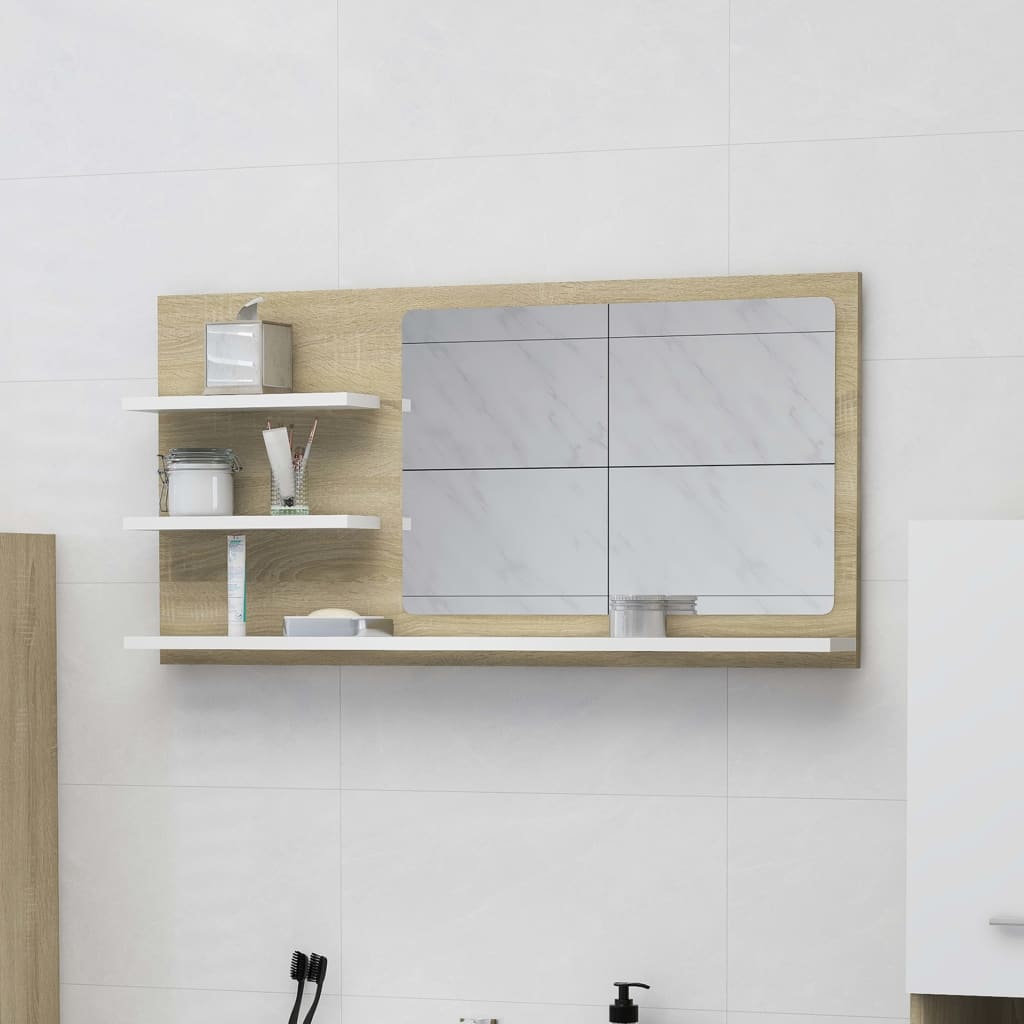 Poza vidaXL Oglinda de baie, alb/stejar Sonoma, 90 x 10,5 x 45 cm, PAL