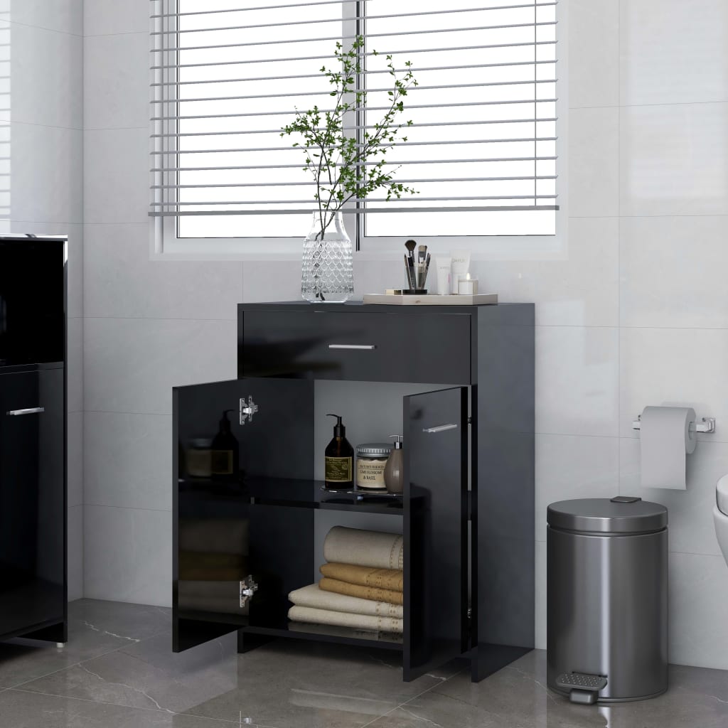 vidaXL Шкаф за баня, черен гланц, 60x33x80 см, ПДЧ