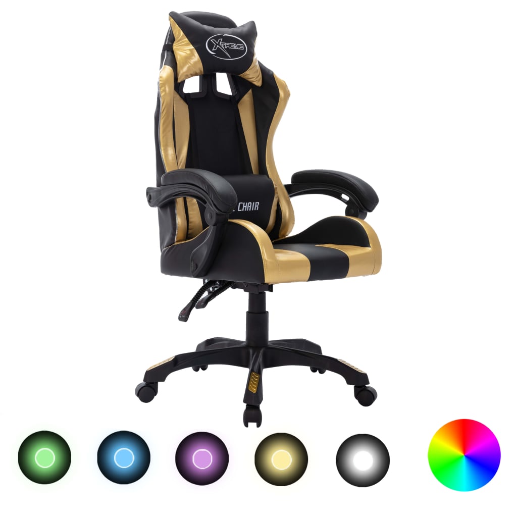 imagem de vidaXL Cadeira estilo corrida luzes LED RGB couro artif. dourado/preto1