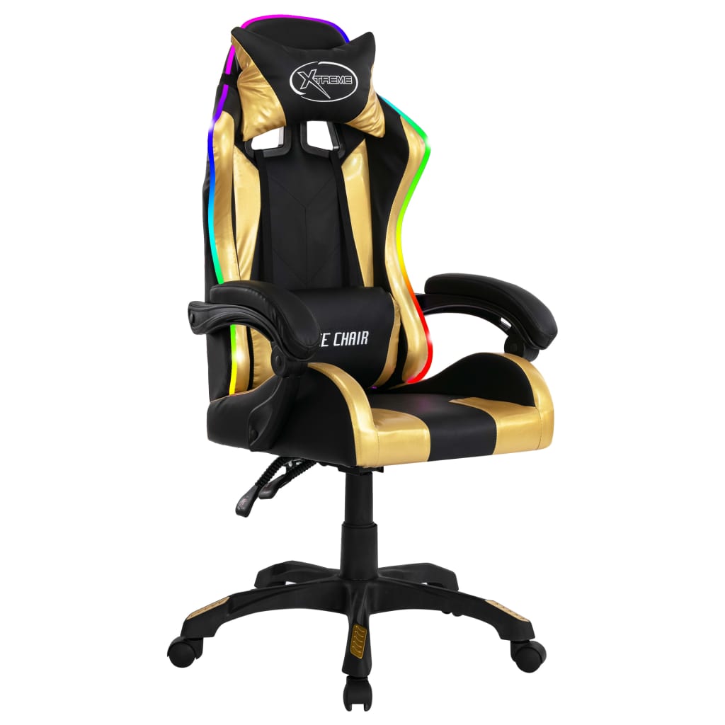 imagem de vidaXL Cadeira estilo corrida luzes LED RGB couro artif. dourado/preto3