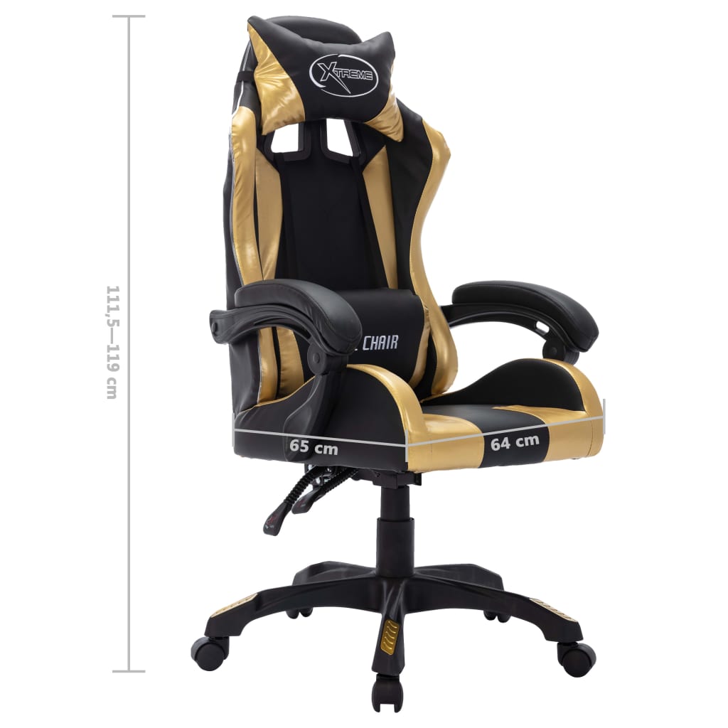 imagem de vidaXL Cadeira estilo corrida luzes LED RGB couro artif. dourado/preto11