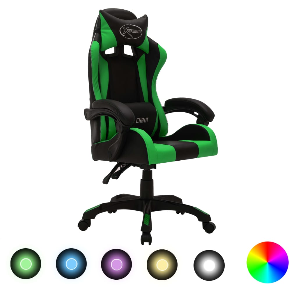 imagem de vidaXL Cadeira estilo corrida luzes LED RGB couro artif. verde/preto1