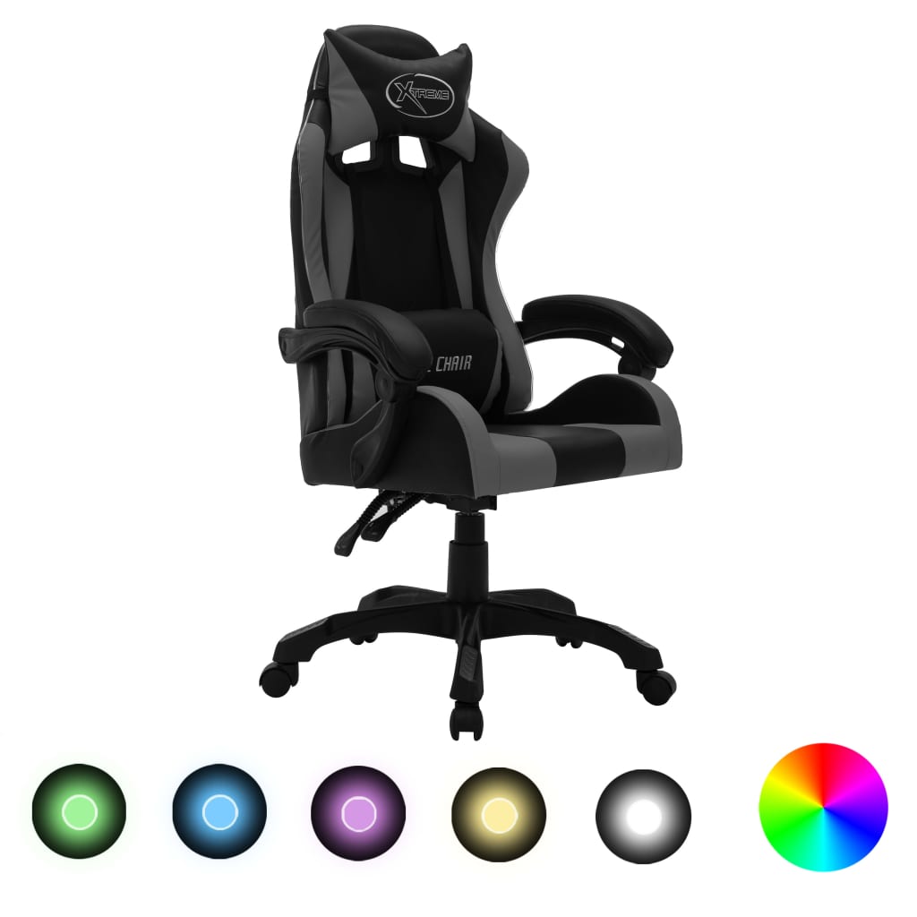 imagem de vidaXL Cadeira estilo corrida luzes LED RGB couro artif. cinza/preto1