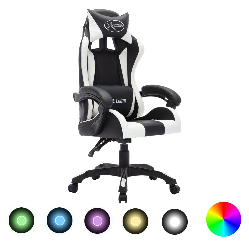 imagem de vidaXL Cadeira estilo corrida luzes LED RGB couro artif. branco/preto1