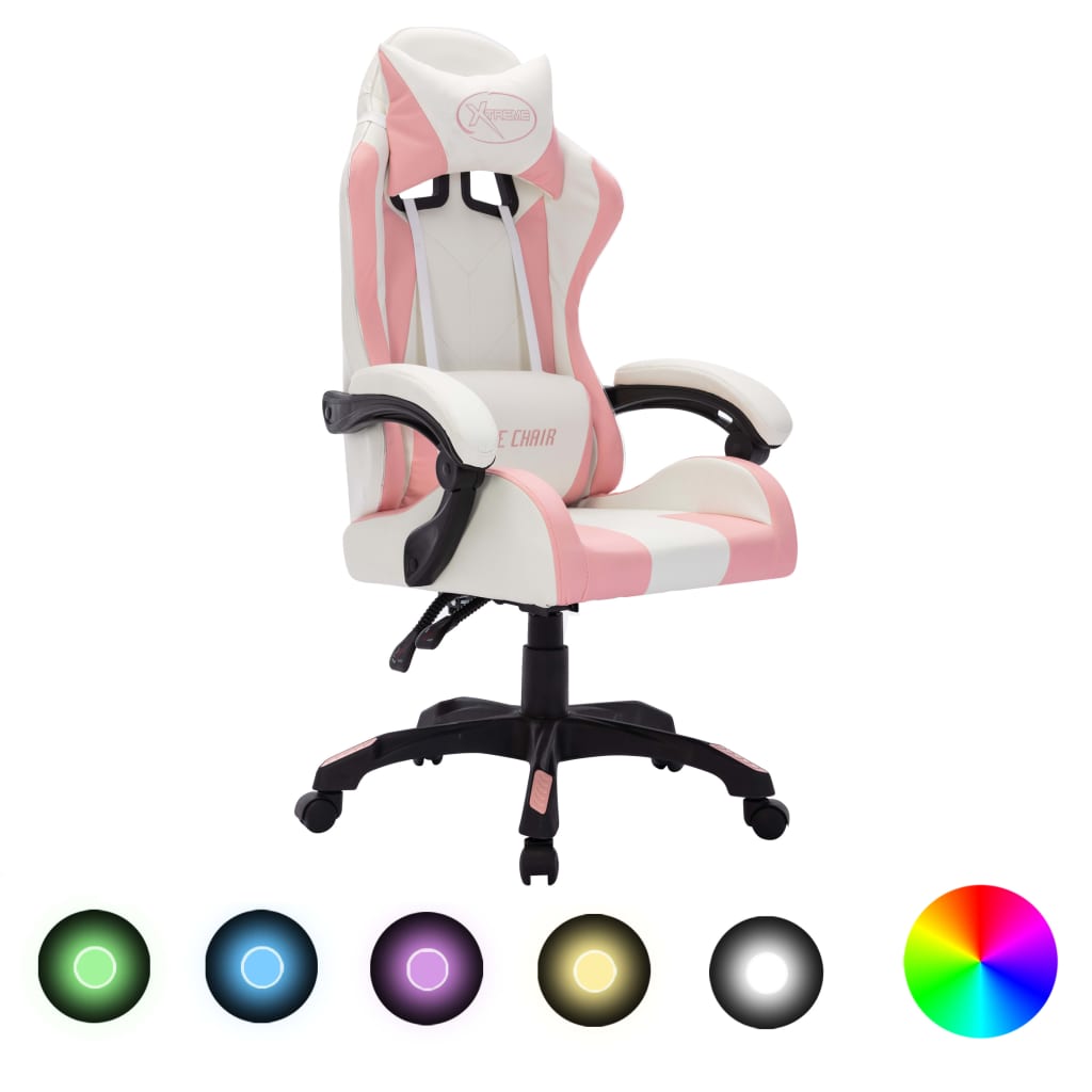 Igraća stolica s RGB LED svjetlima roza i crna od umjetne kože