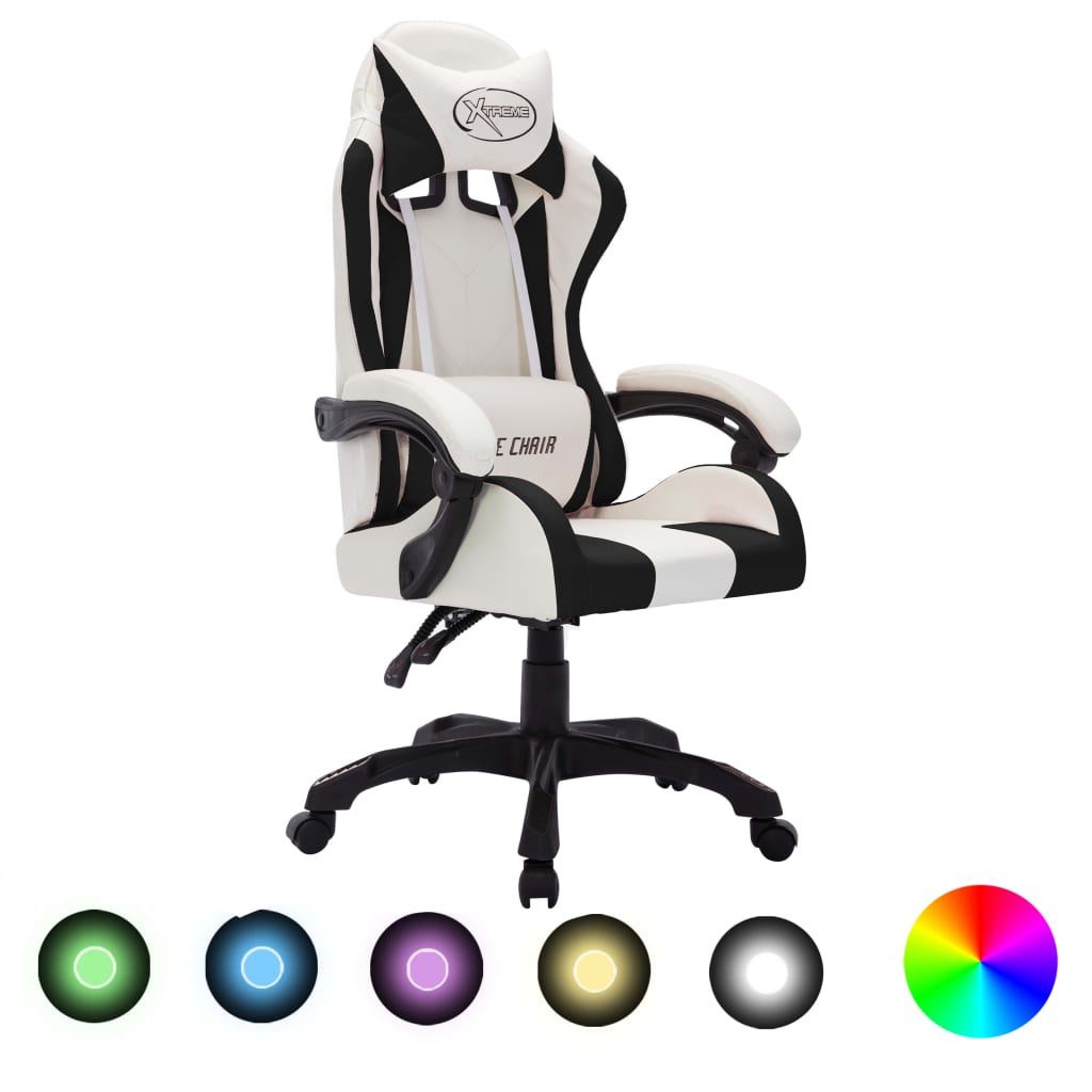 vidaXL gamingstol m. LED-lys RGB-farver kunstlæder hvid og sort