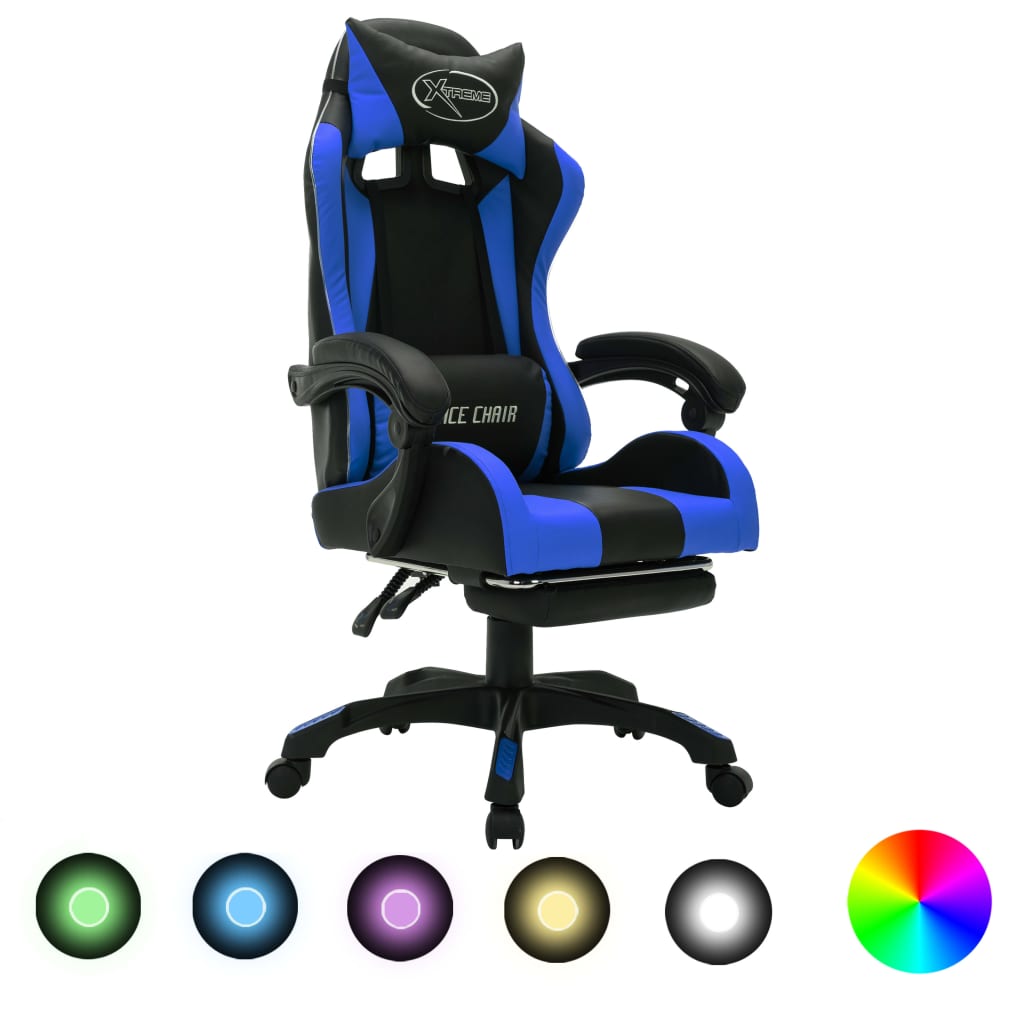 vidaXL gamingstol m. LED-lys RGB-farver kunstlæder blå og sort