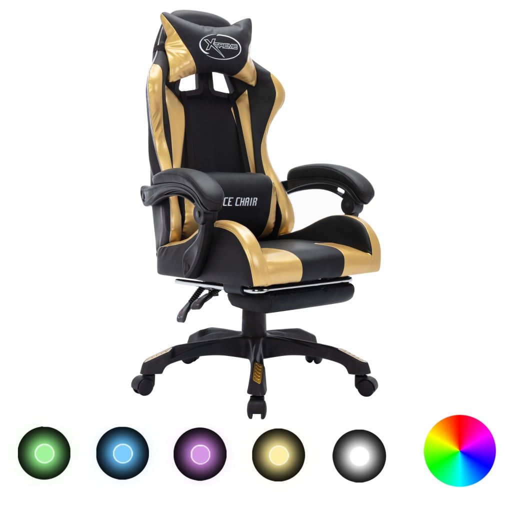 imagem de vidaXL Cadeira estilo corrida luzes LED RGB couro artif. dourado/preto1