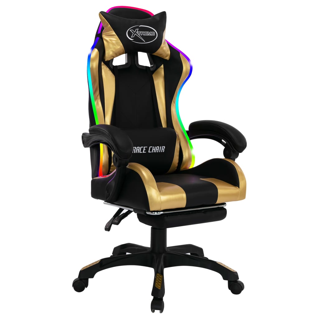 imagem de vidaXL Cadeira estilo corrida luzes LED RGB couro artif. dourado/preto3