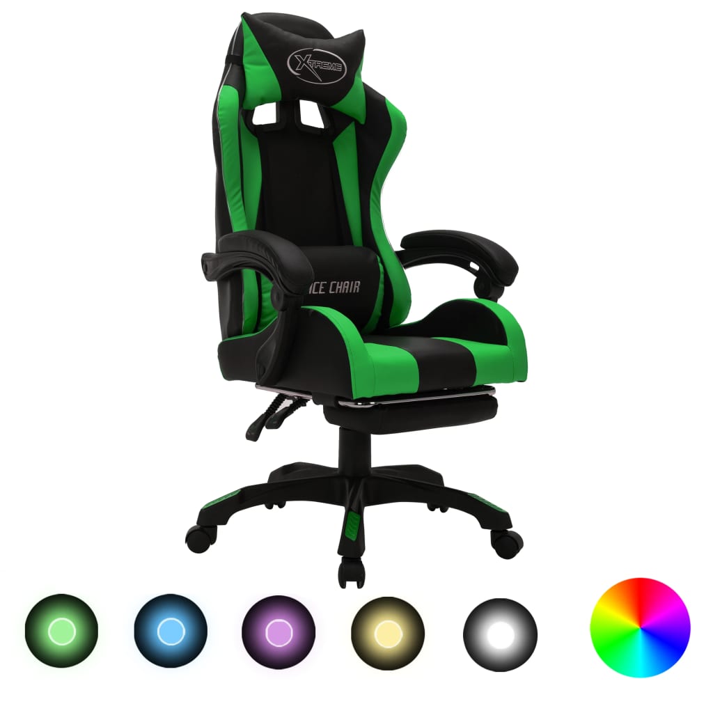 vidaXL gamingstol m. LED-lys RGB-farver kunstlæder grøn og sort