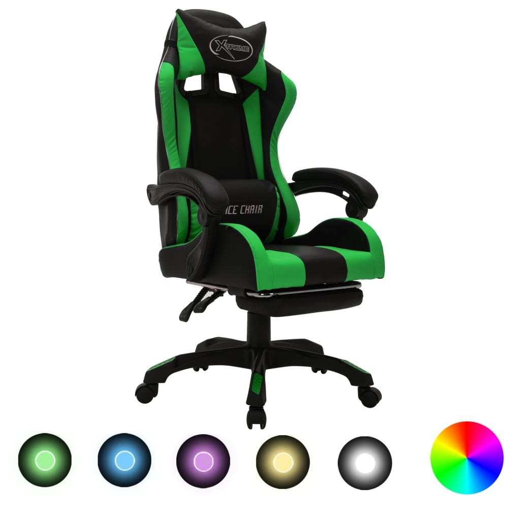 vidaXL Gaming-Stuhl mit RGB LED-Leuchten Grün und Schwarz Kunstleder