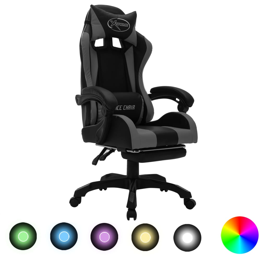 vidaXL gamingstol m. LED-lys RGB-farver kunstlæder grå og sort