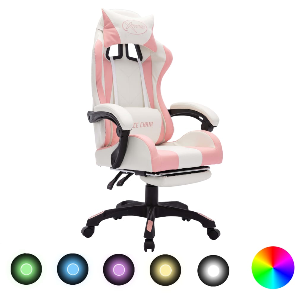 imagem de vidaXL Cadeira estilo corrida c/ luzes LED RGB couro arti. rosa/branco1